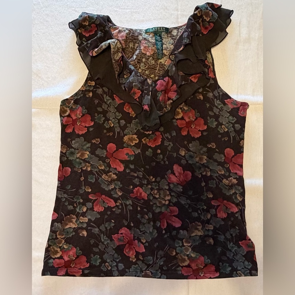 Lauren Ralph Lauren Floral Ruffle Neck Sleeveless Cotton Top Brown Pink‎ Medium